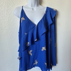 Belle Sky Blue Bird Print One Sleeve Blouse Women's Size XXL
